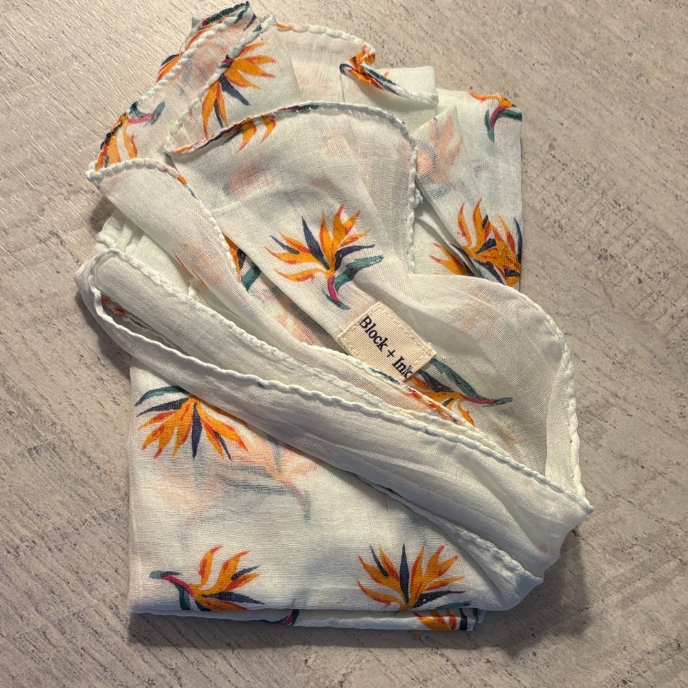 Block + ink White Floral Scarf with Orange & Green Bird-of-Paradise Print